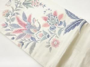 金銀駒刺繍手描き孔雀に花葉模様名古屋帯